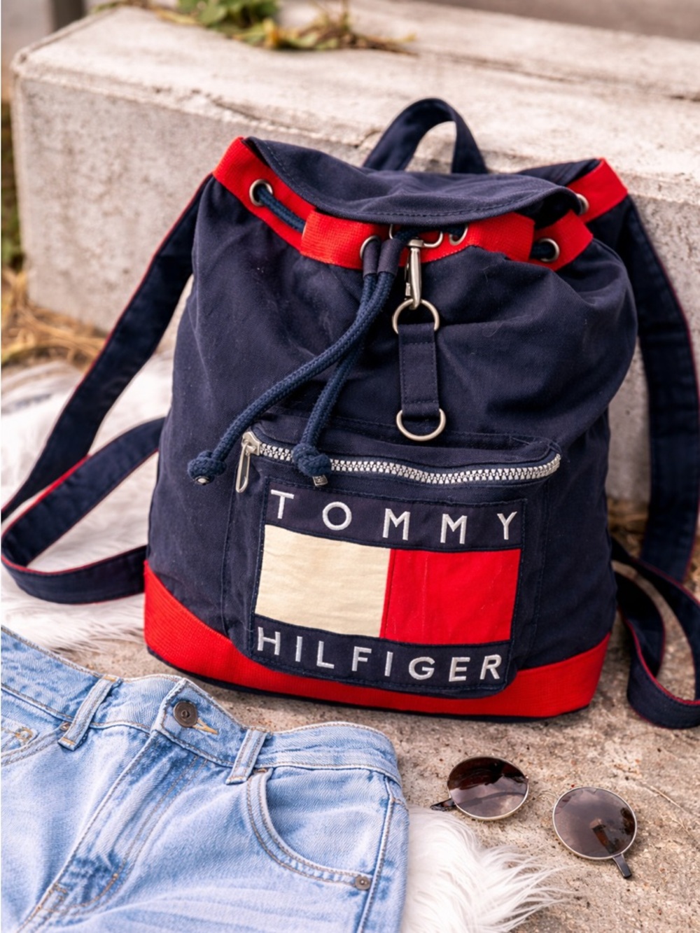 Tommy Hilfiger Navy and Red Canvas Drawstring Rucksack
